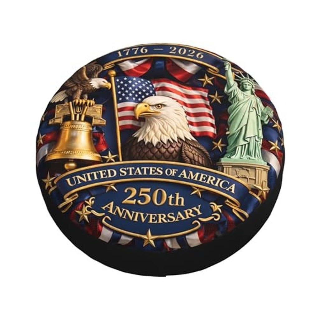 Circular spare tire cover with eagle, U.S. flag, Statue of Liberty and 250th anniversary