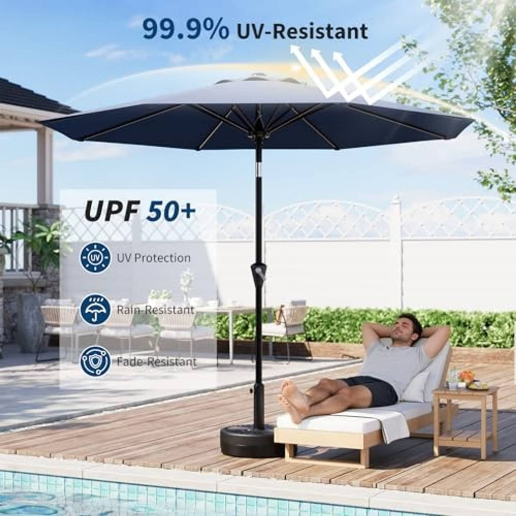 Navy outdoor patio umbrella with open canopy and central support pole