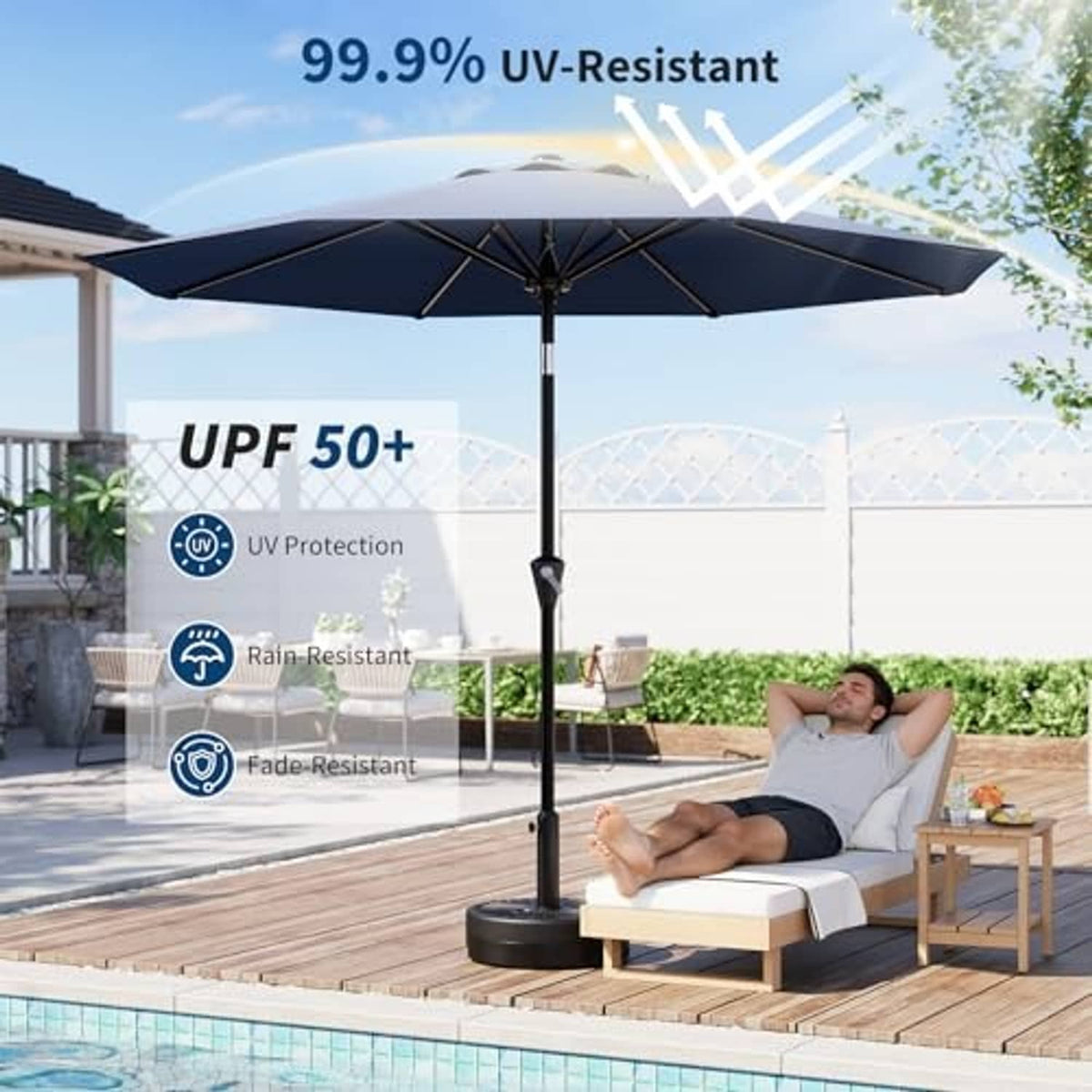 Navy outdoor patio umbrella with open canopy and central support pole