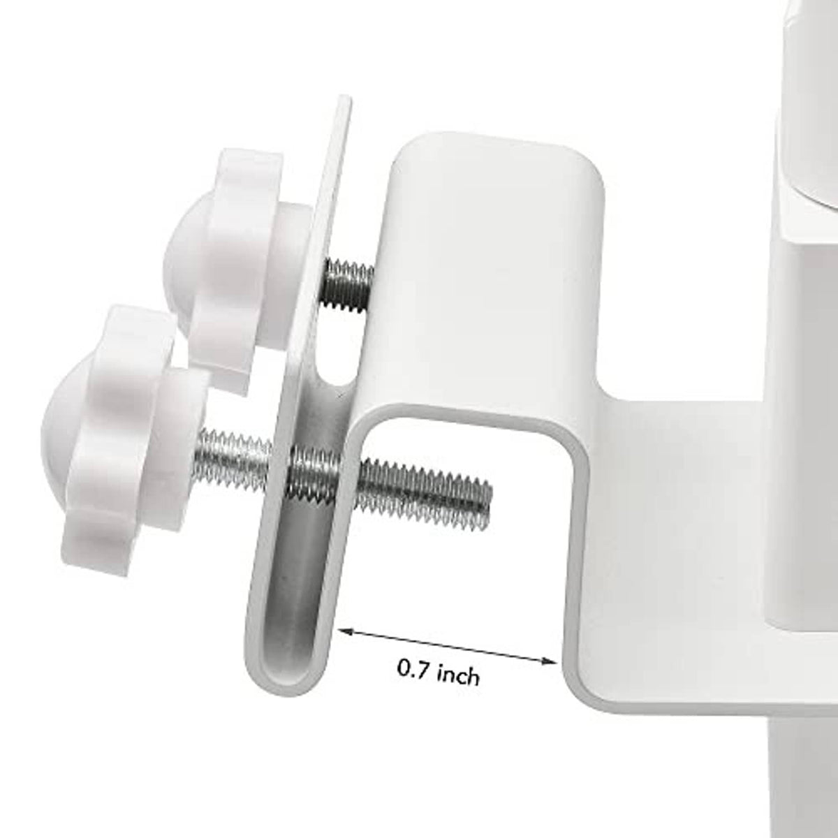 White gutter mount hardware bracket with 0.7-inch measurement and mounting screws