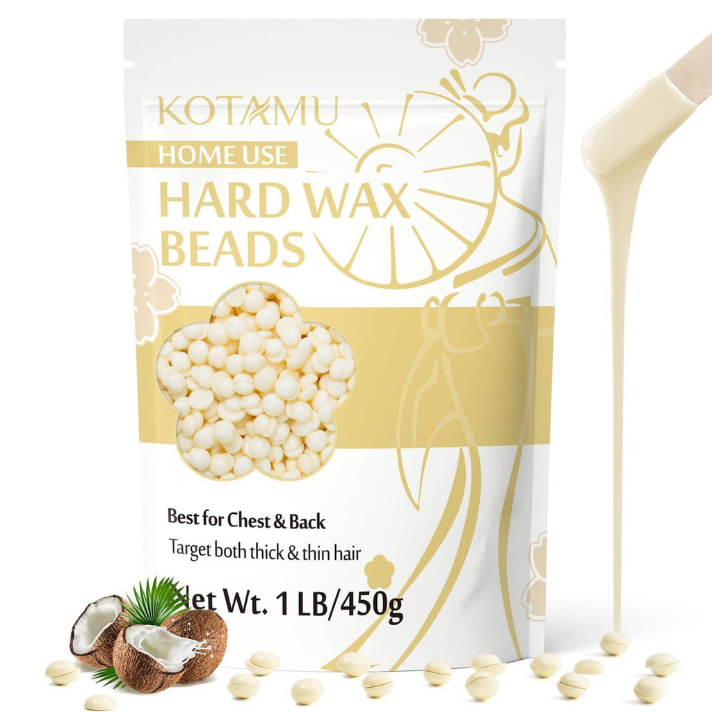 Off-white hard wax beads in a pouch with loose beads for at-home hair removal