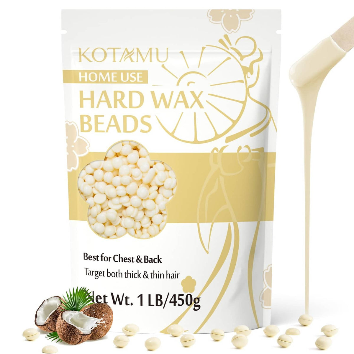 Off-white hard wax beads in a pouch with loose beads for at-home hair removal