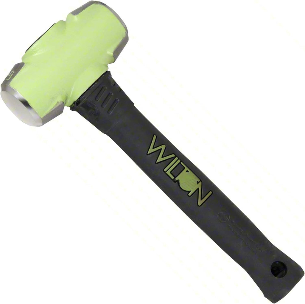 Neon green soft-face sledge hammer with black handle, close-up of head and face