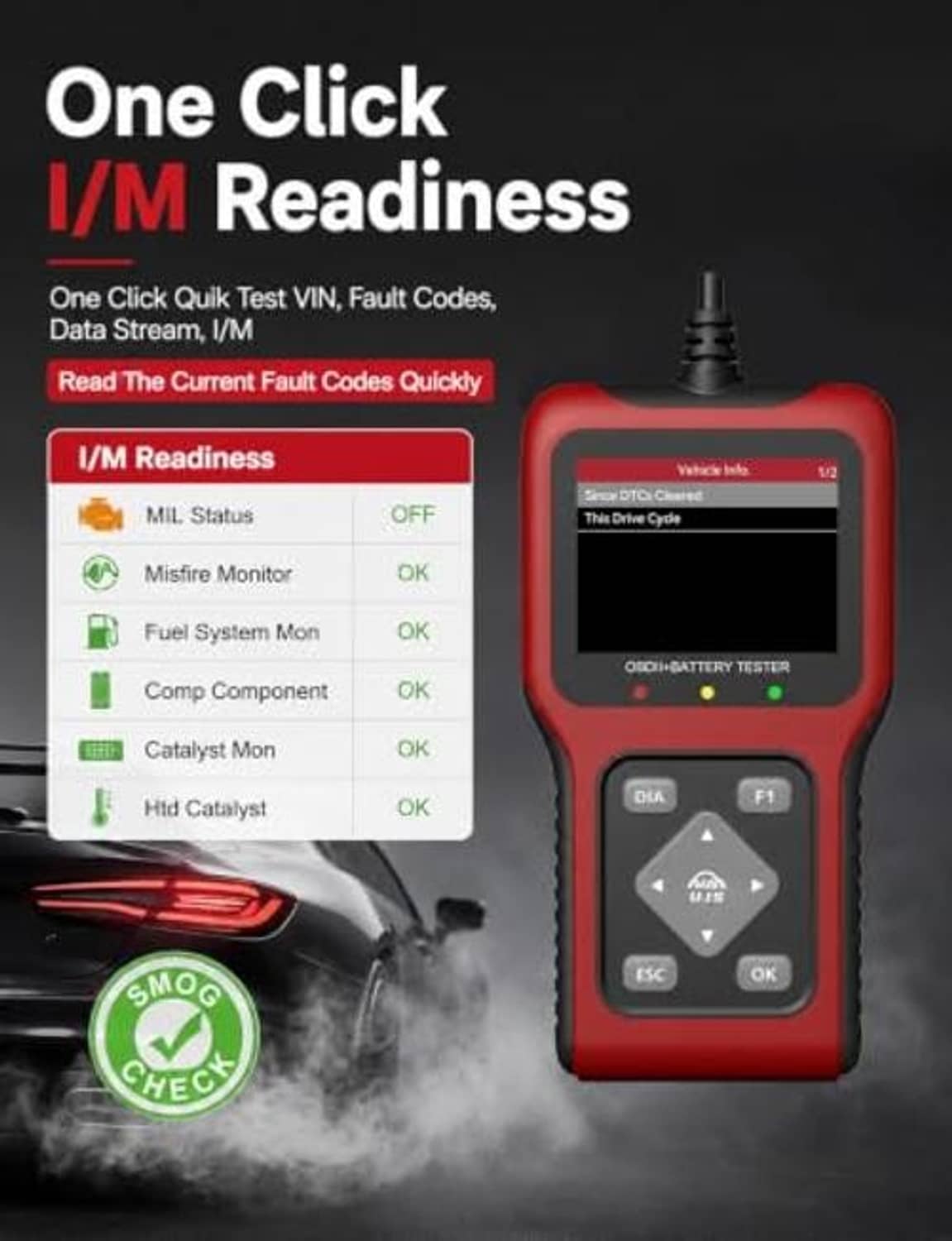 Red OBD2 scanner and 12V battery tester showing I/M readiness and smog check status
