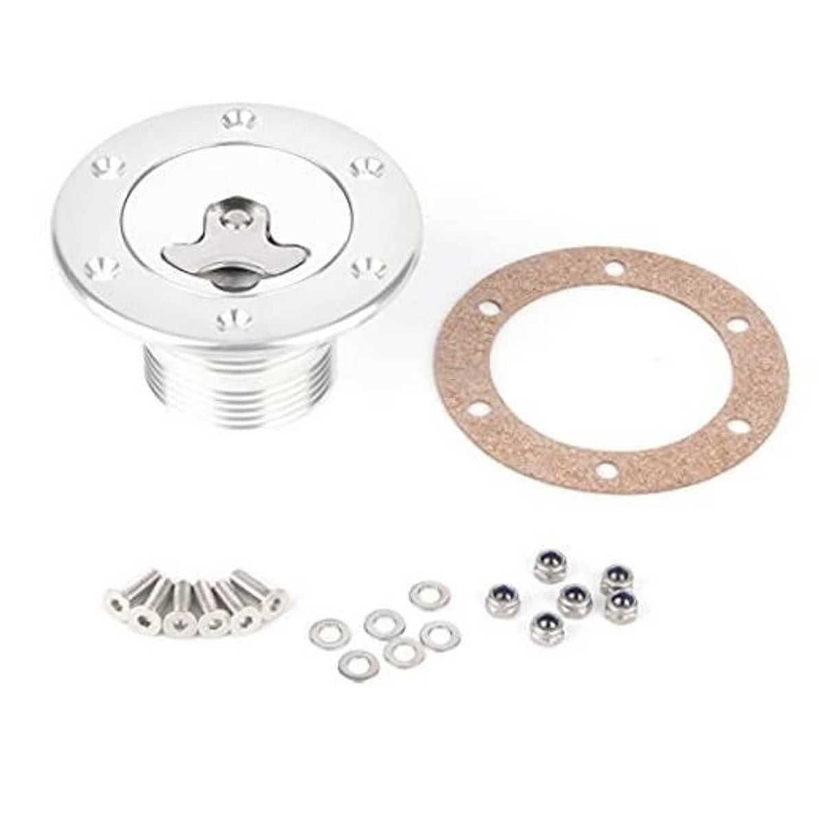 Billet aluminum fuel filler cap kit with gasket and mounting hardware, chrome finish