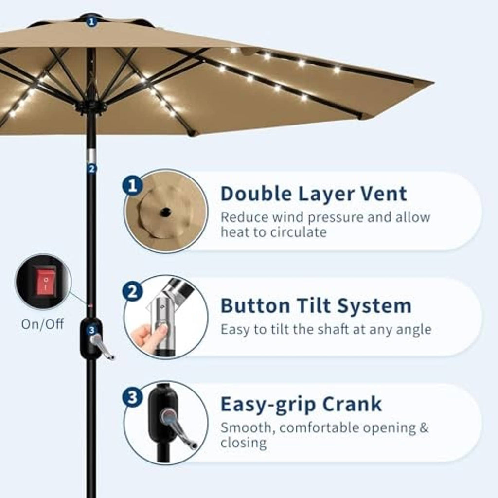 Tan solar LED patio umbrella with tilt pole, crank handle, and lit canopy underside