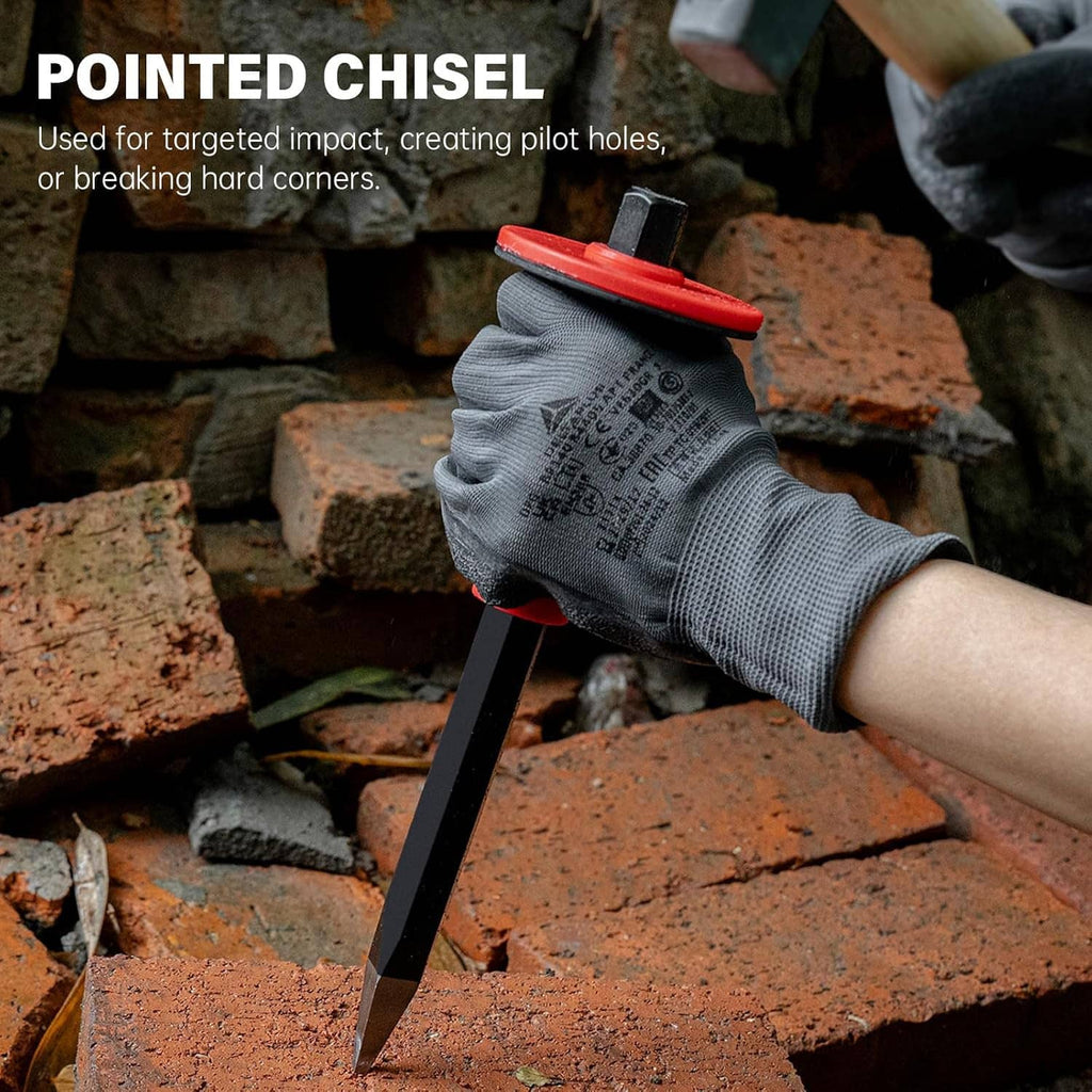 Pointed masonry chisel with red/black handle and hand guard, held near brick