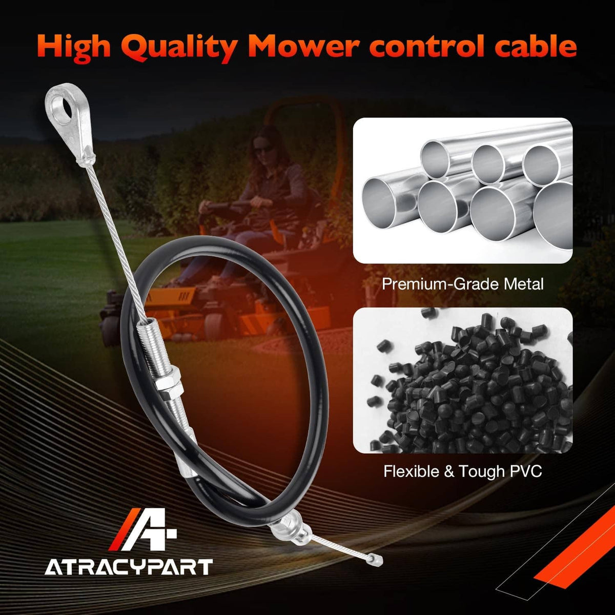 Lawn mower control cable with black sheath, braided wire, and metal mounting clips