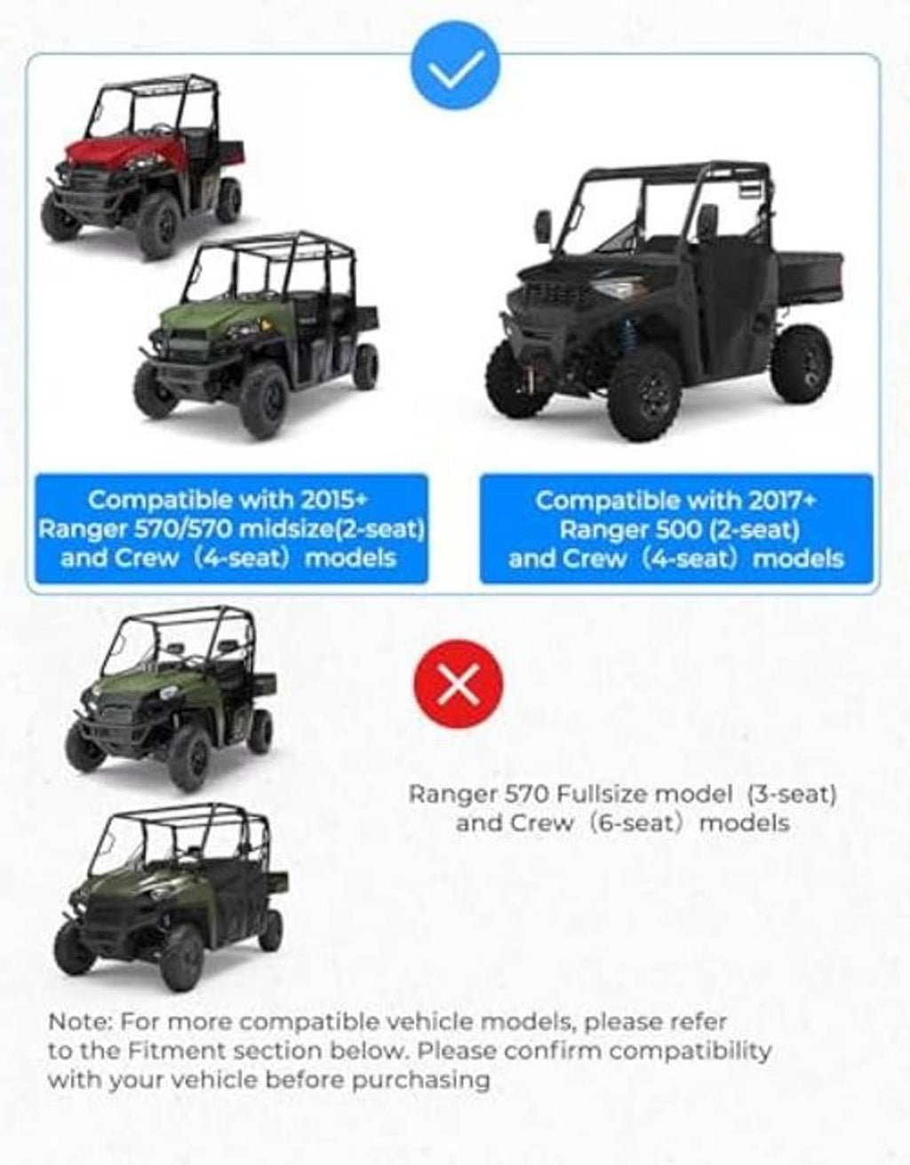 Front windshield compatibility chart for Polaris Ranger models, with correct and incorrect fit examples.