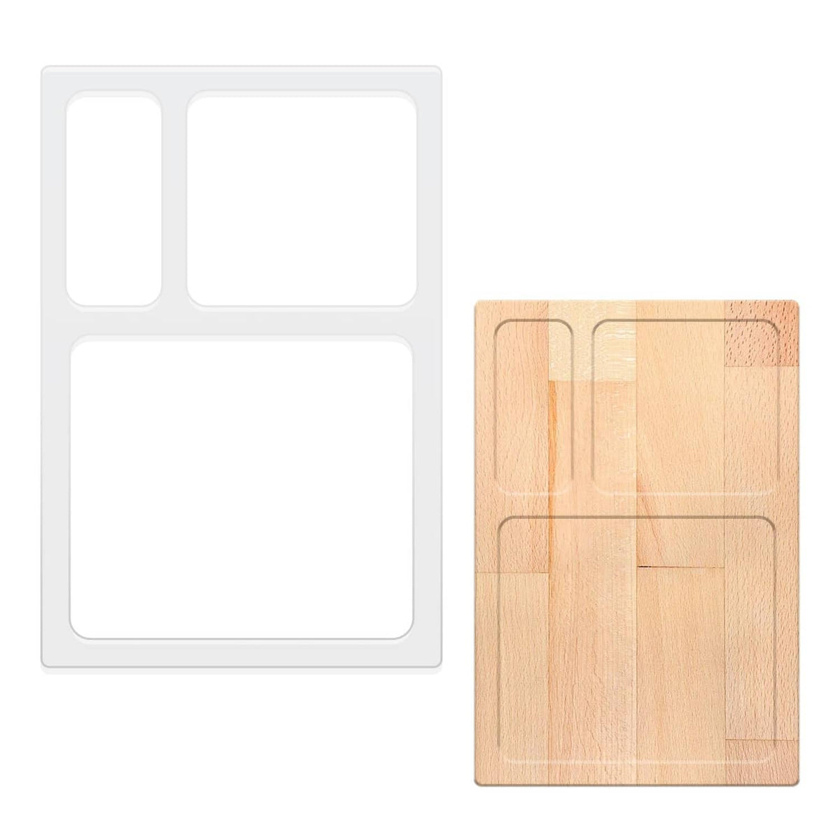 Clear 3-pocket router template with three cutout shapes for routing