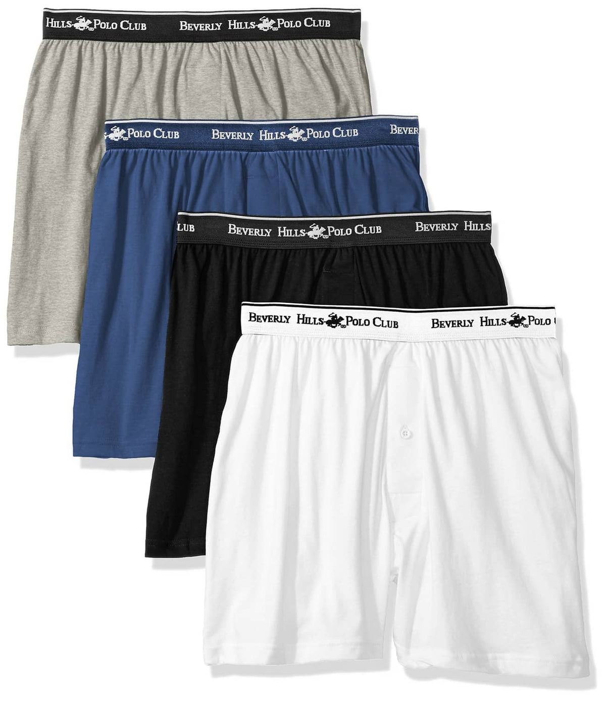 Men's comfort knit boxer 4-pack in gray, blue, black, and white, XXL