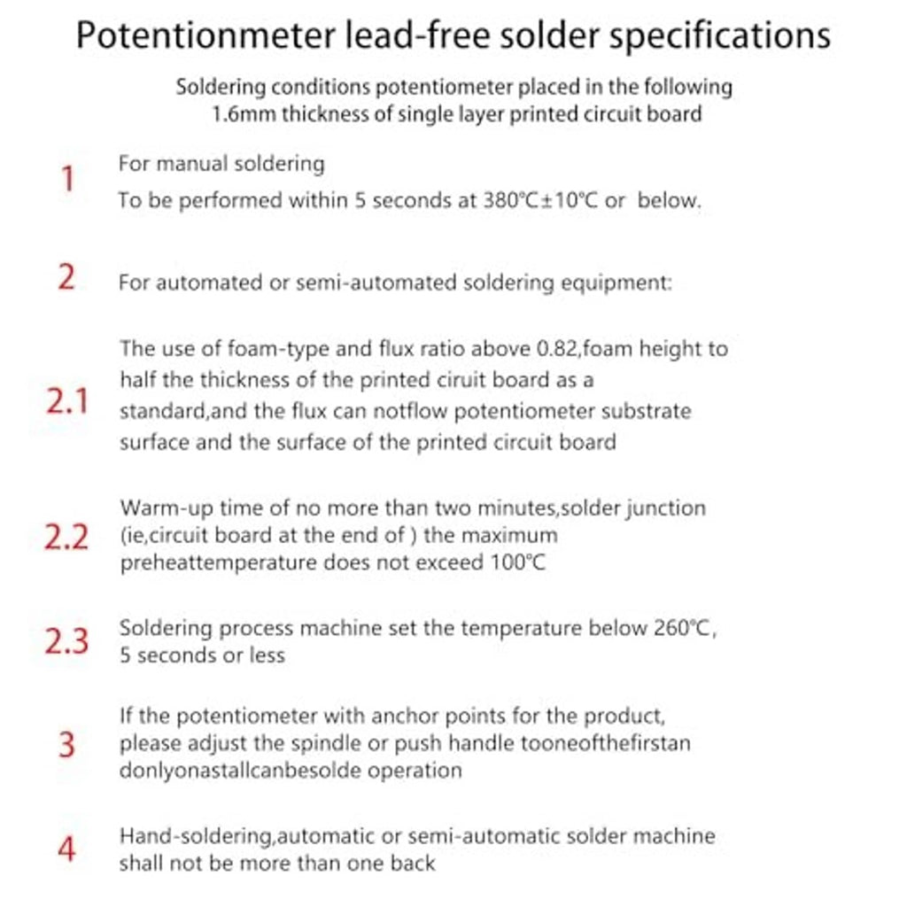 Potentiometer lead-free soldering specifications document with temperature and timing notes