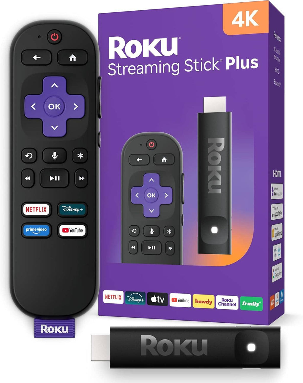 Roku Streaming Stick Plus streaming device with voice remote and 4K box packaging