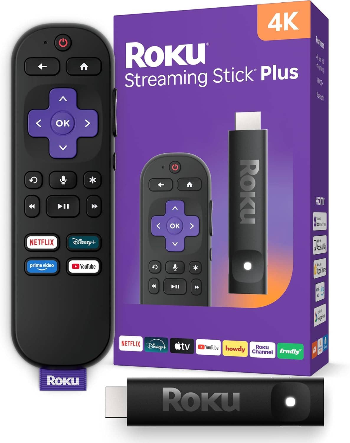 Roku Streaming Stick Plus streaming device with voice remote and 4K box packaging