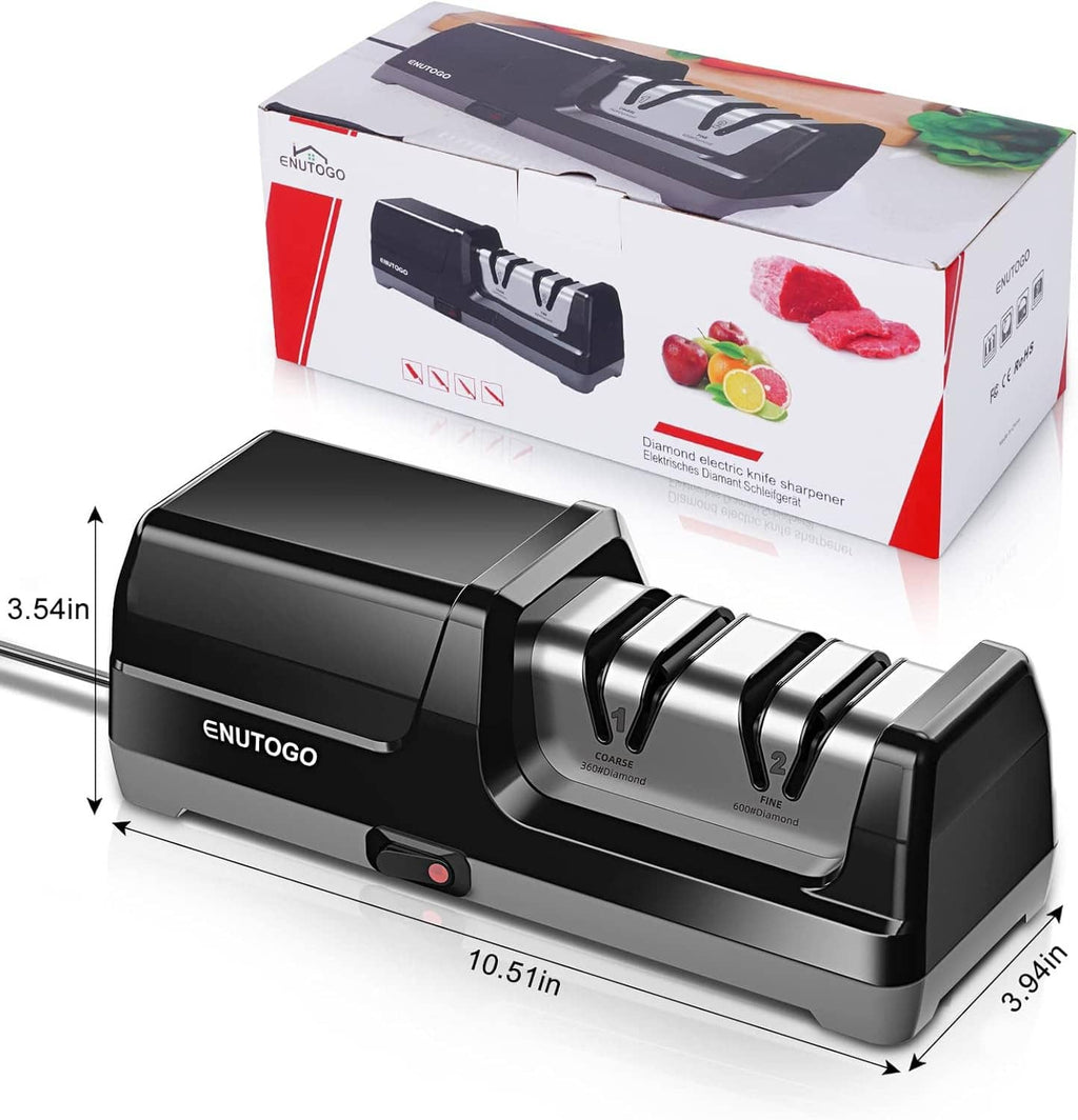 ENUTOGO electric knife sharpener in retail box with 2-stage diamond abrasive design