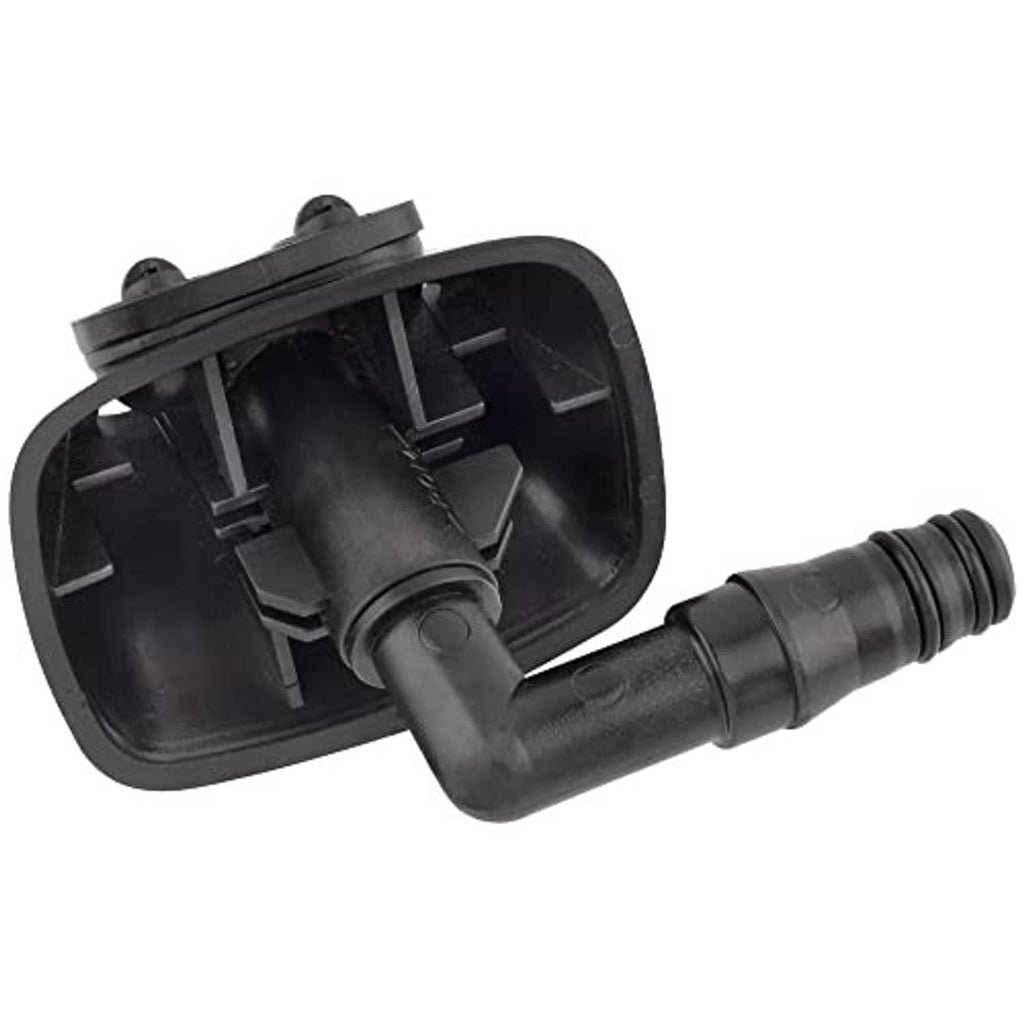 Black plastic headlight washer nozzle jet sprayer with housing and outlet tube, rear view