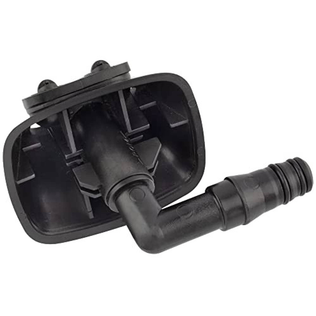 Black plastic headlight washer nozzle jet sprayer with housing and outlet tube, rear view