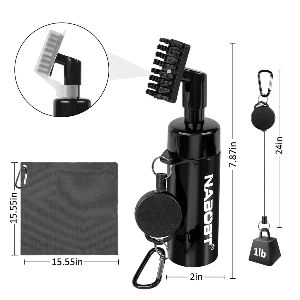 Golf club water brush set with gray towel and keychain carabiner