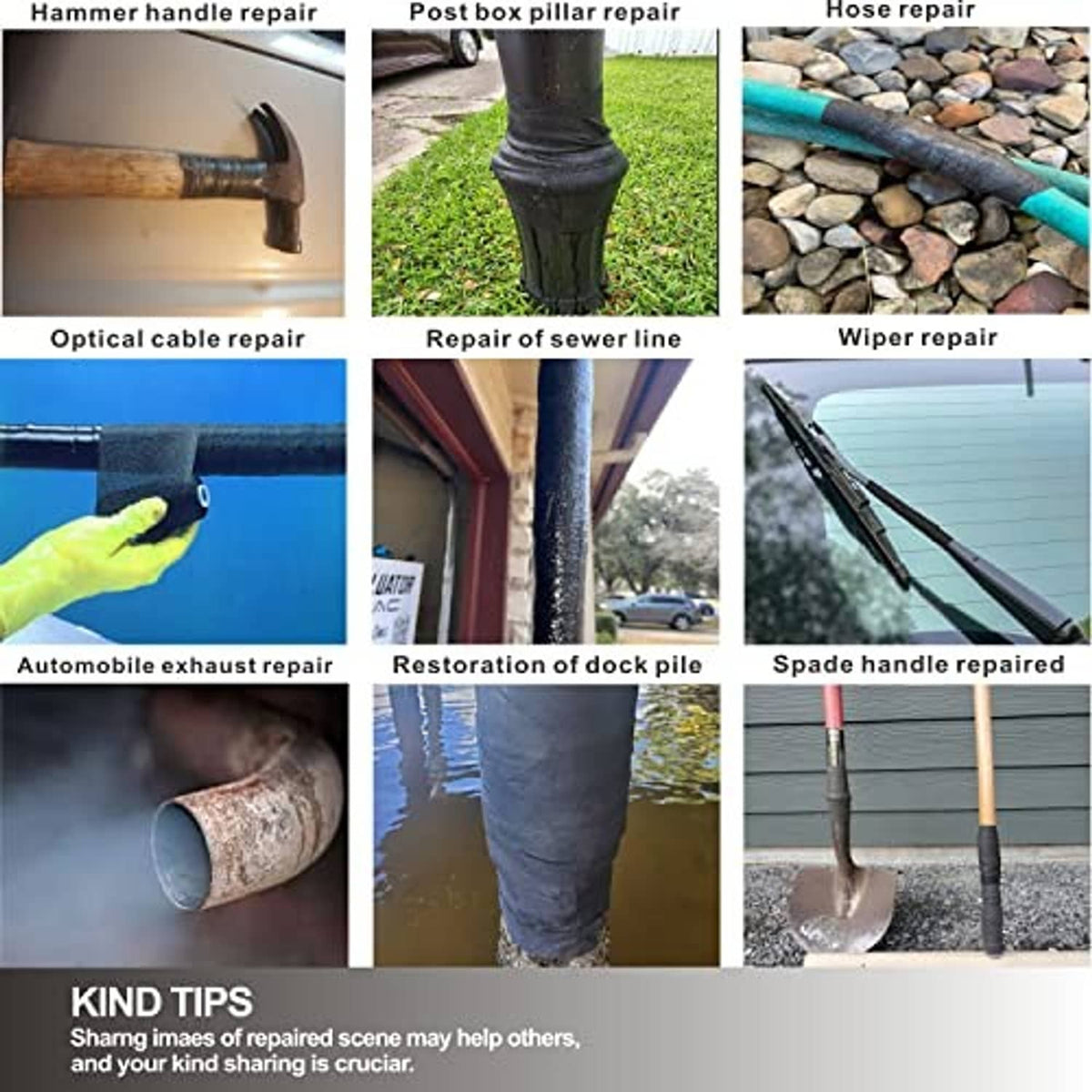 Fiberglass repair wrap shown in multiple repair scenes on tools, hoses, and pipes.