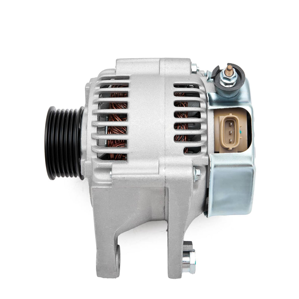 Silver alternator side view with black ribbed pulley and blue metal casing