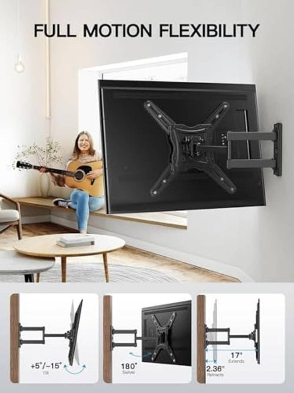 Full-motion TV wall mount with multi-angle movement: tilt, swivel, and extended reach