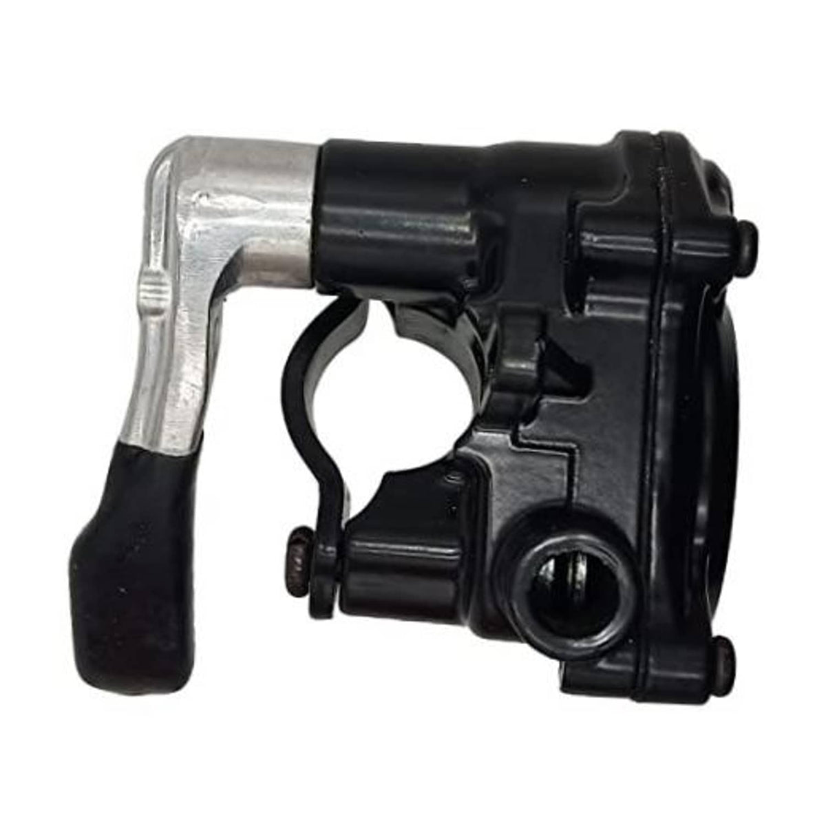 Black thumb throttle control assembly with silver mounting bracket and lever