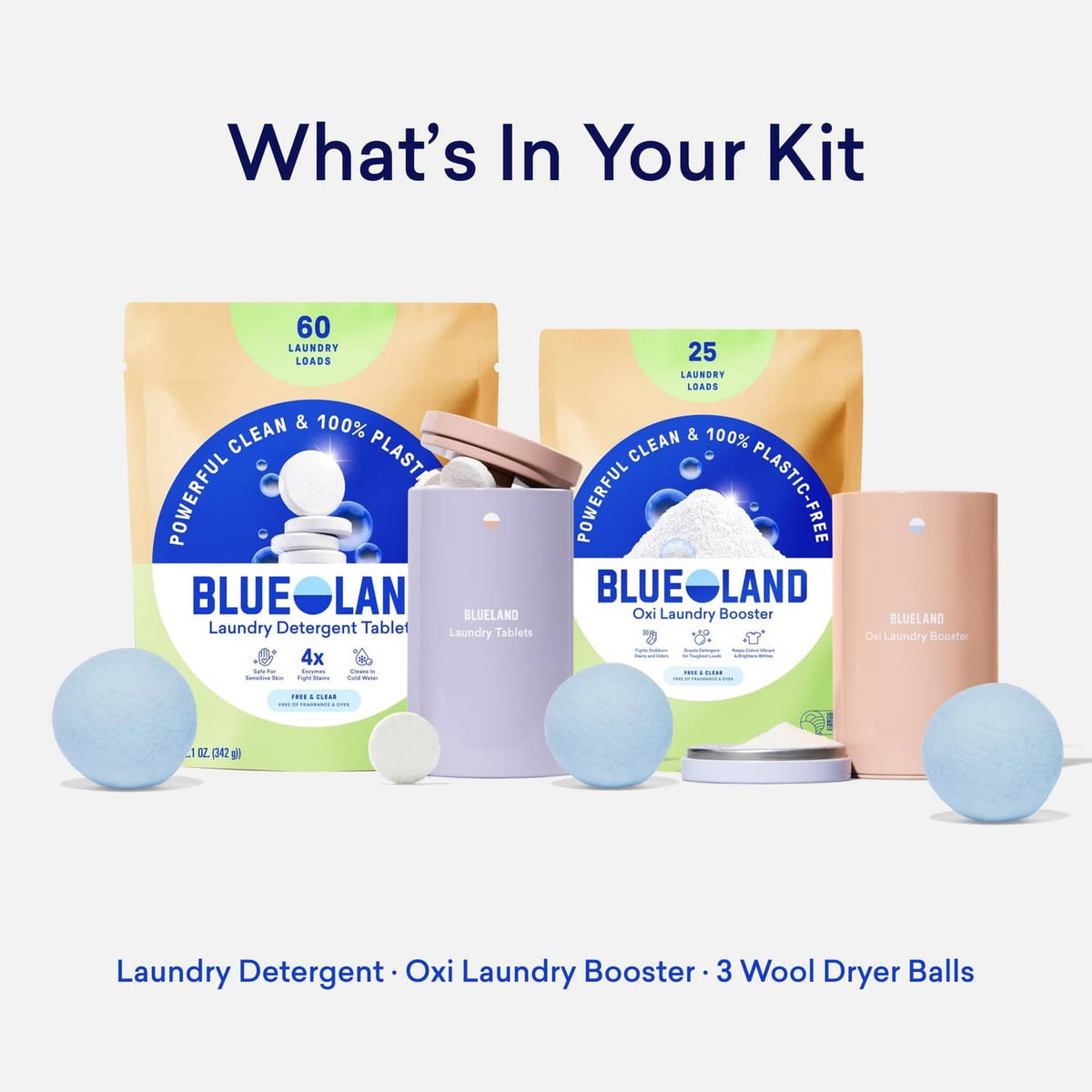 BLUELAND laundry essentials kit items laid out: detergent, Oxi booster, and dryer balls