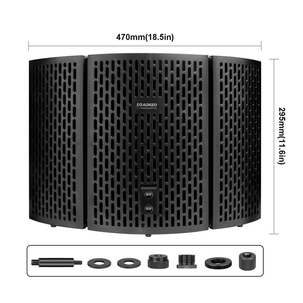 Black folding microphone isolation shield with size diagram and included mounting parts