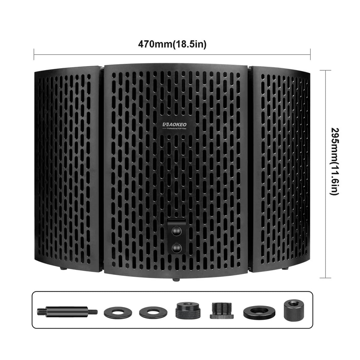 Black folding microphone isolation shield with size diagram and included mounting parts