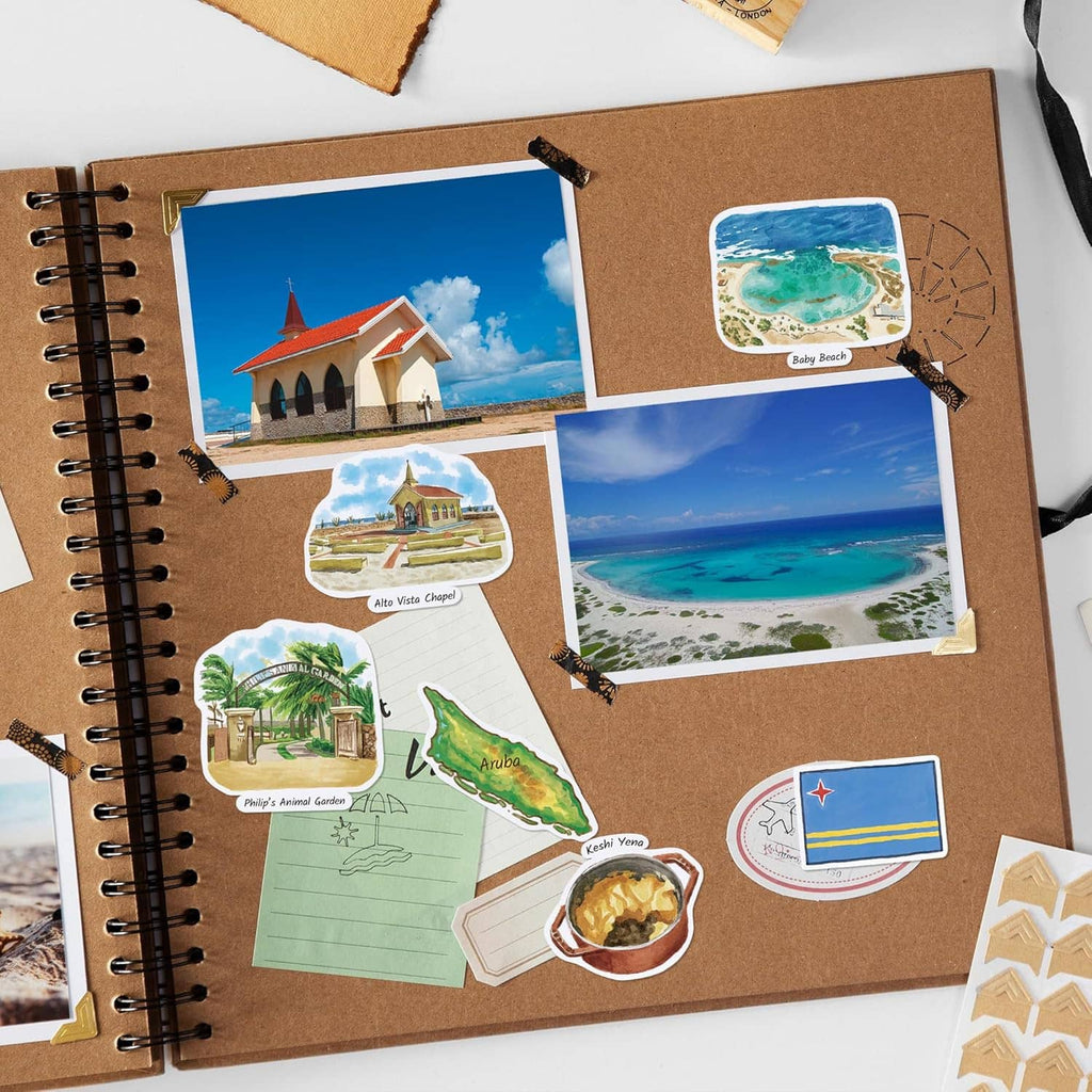 Aruba watercolor stickers on brown journal pages and envelopes