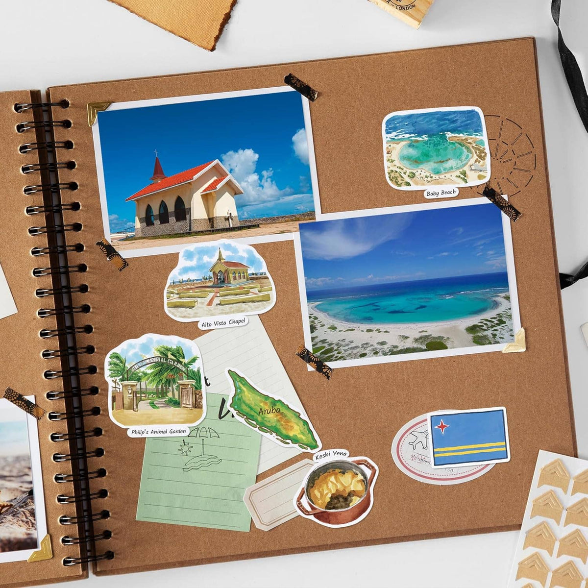 Aruba watercolor stickers on brown journal pages and envelopes
