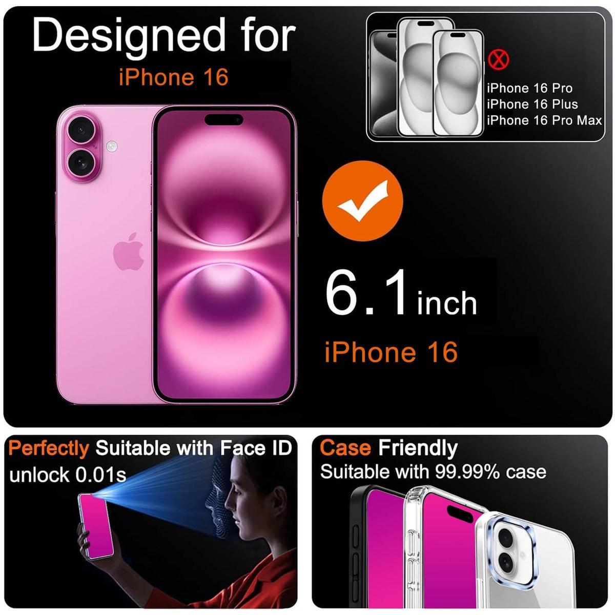 Pink privacy screen protector 2-pack for 6.1-inch iPhone 16, case-friendly fit