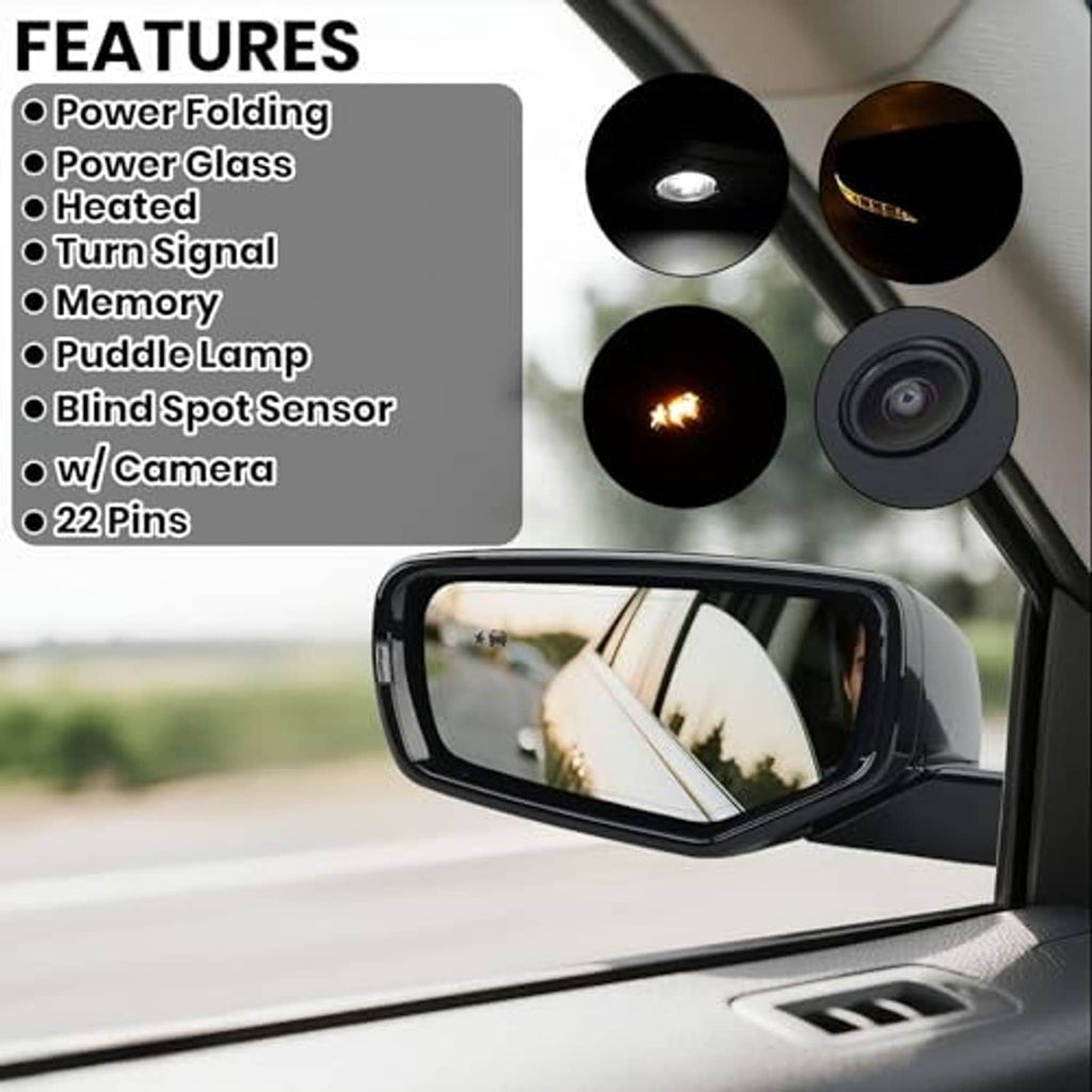 Left driver-side black power mirror with reflective panel and exterior housing