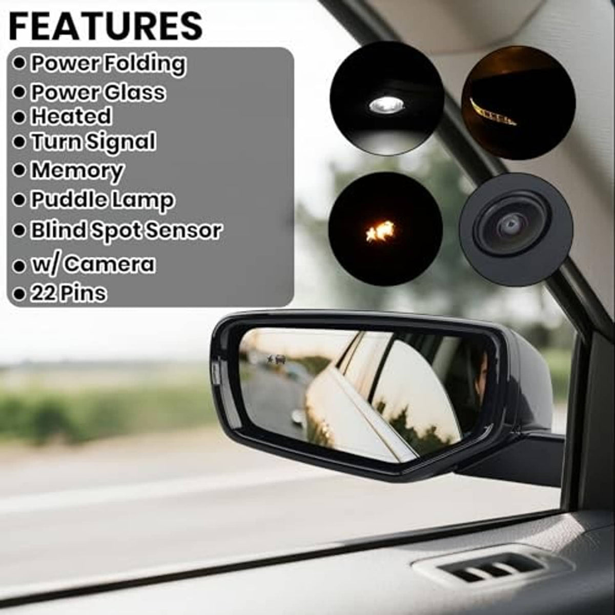 Left driver-side black power mirror with reflective panel and exterior housing