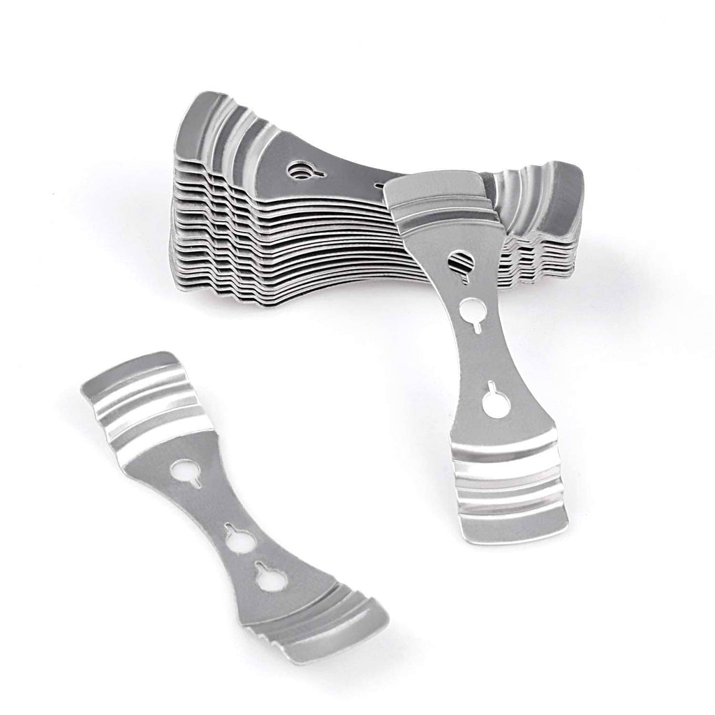 Silver metal wick centering clips, curved U-shape with holes and ridged sides