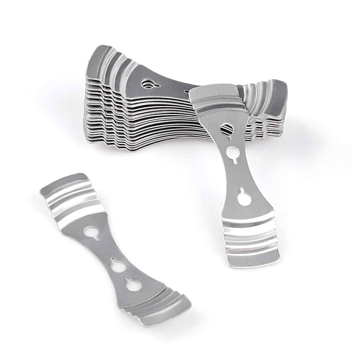 Silver metal wick centering clips, curved U-shape with holes and ridged sides