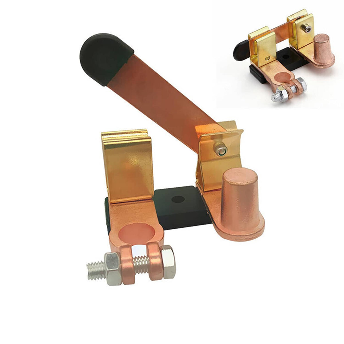 Knife blade battery disconnect switch with copper post terminal and black safety lever