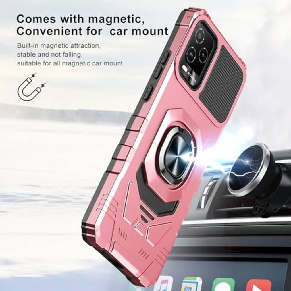 Rose gold rugged phone case with magnetic-compatible ring kickstand for car mount