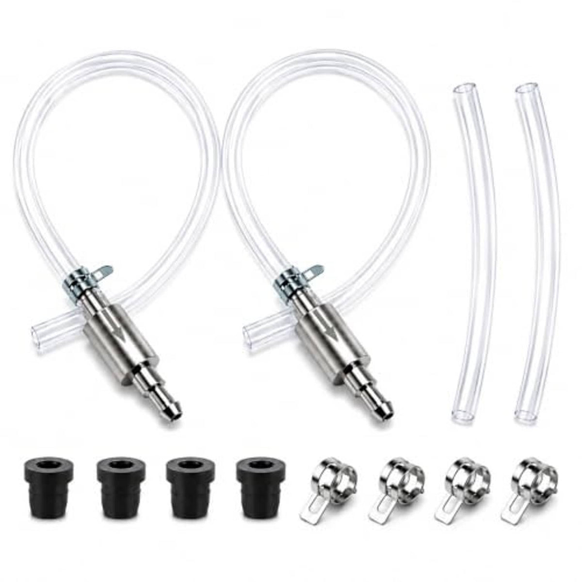 Brake bleeder hose kit set with two clear PVC hoses, metal check valve, and clips