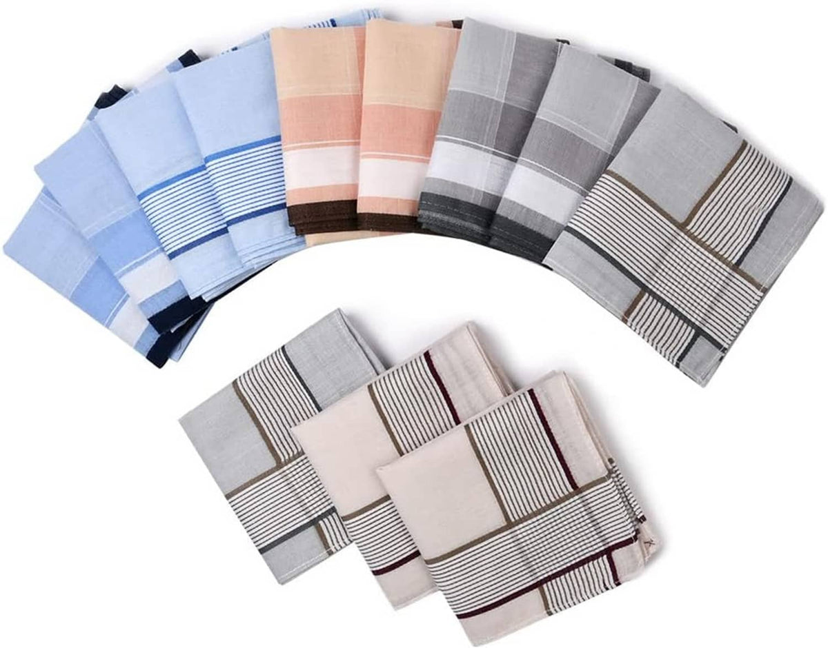 Curved assortment of men’s handkerchiefs in blue, gray, tan, and striped designs