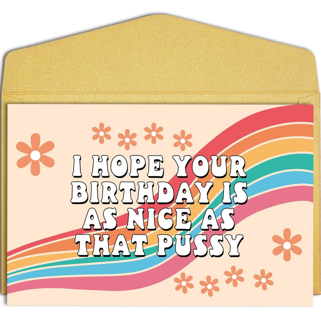 Funny birthday card front; rainbow message reads “I hope your birthday is as nice as that pussy”