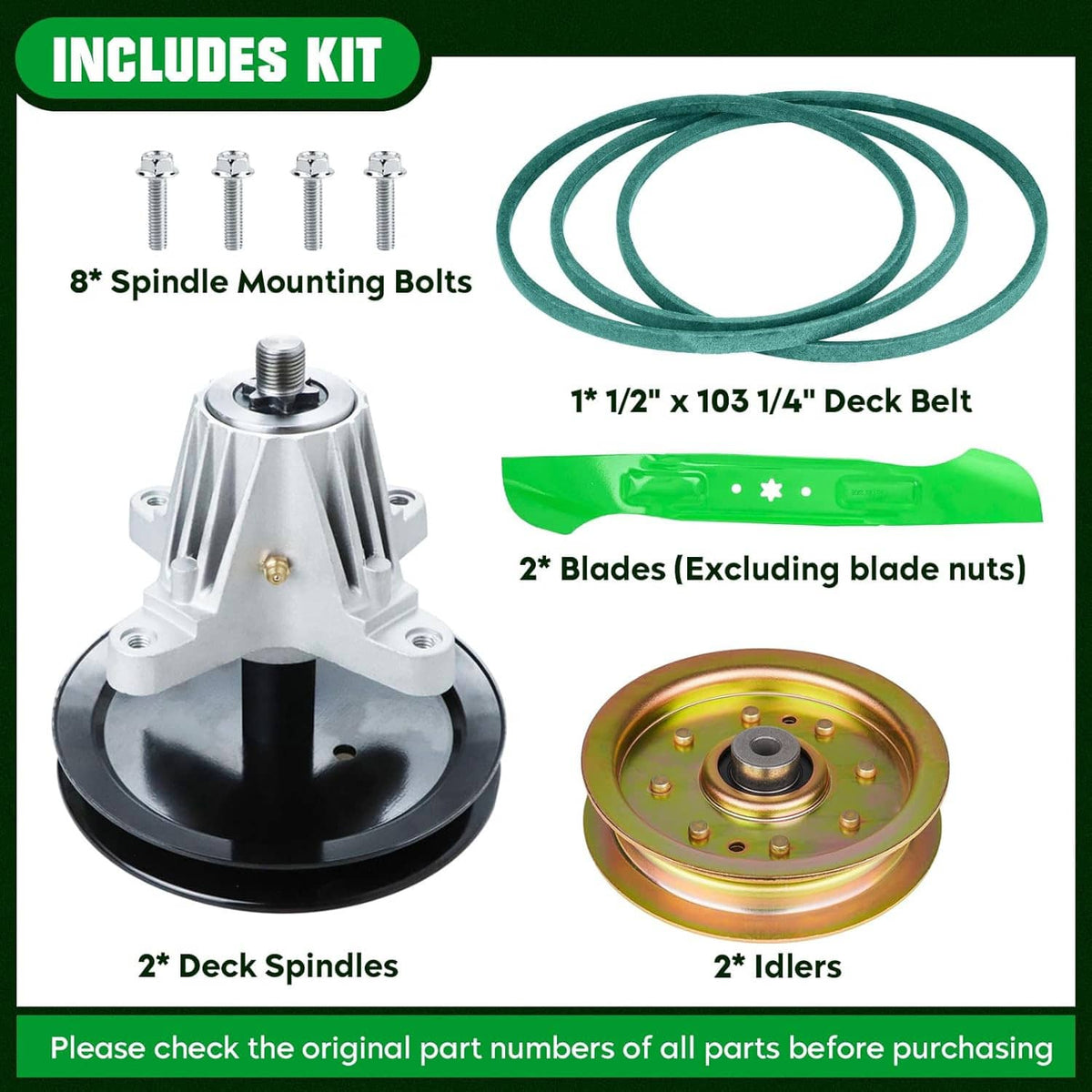 Deck rebuild kit parts set: spindles, deck belt, blades, idlers, and mounting bolts