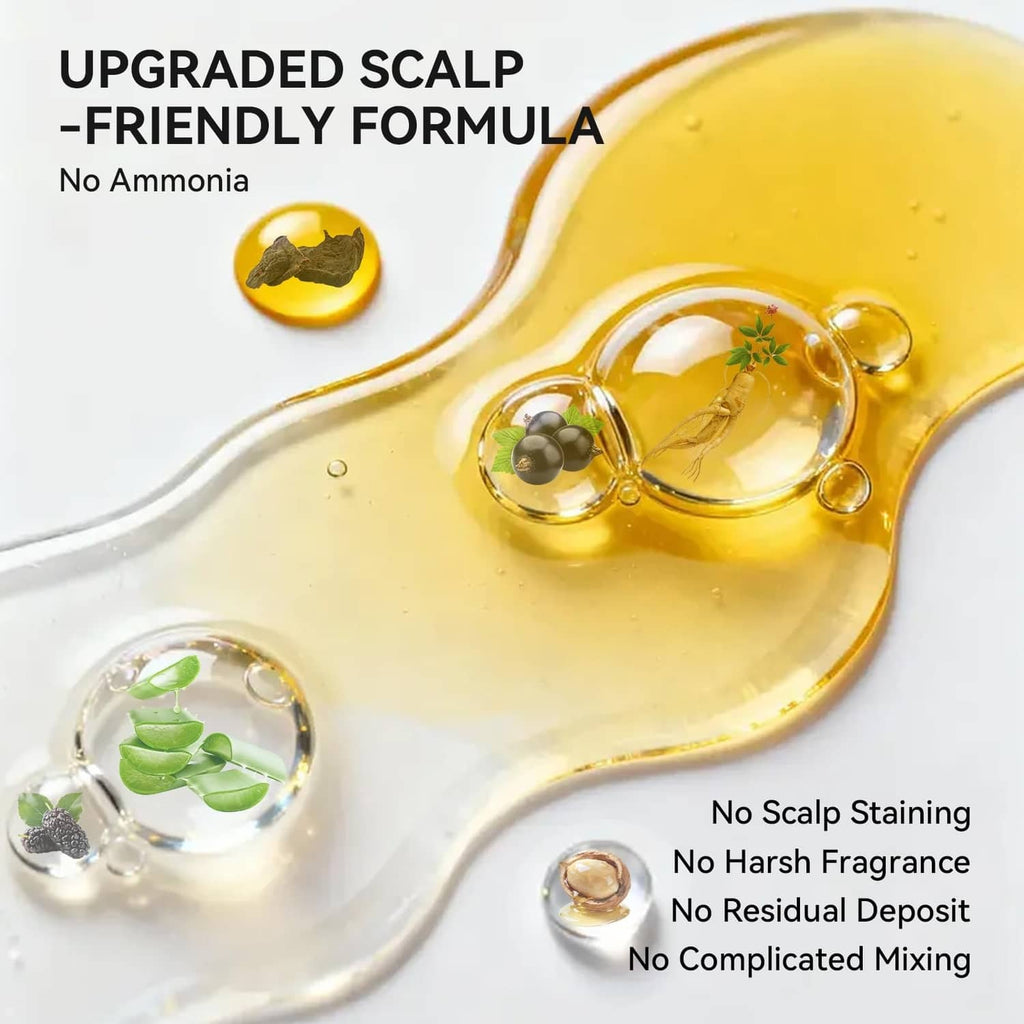 Ammonia-free hair dye shampoo with golden oil drop on scalp