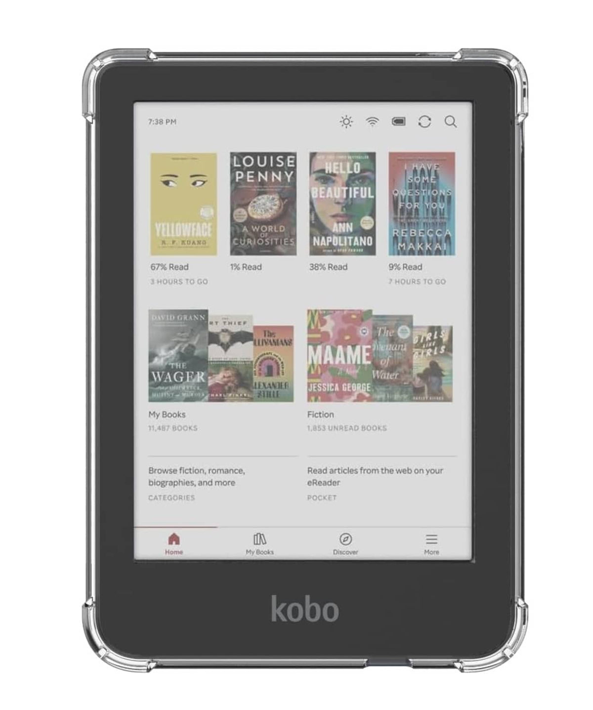 Transparent TPU Kobo e-reader case with clear hard-shell frame and corners