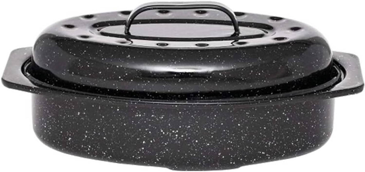 Black speckled oval roasting pan with domed lid and side handles