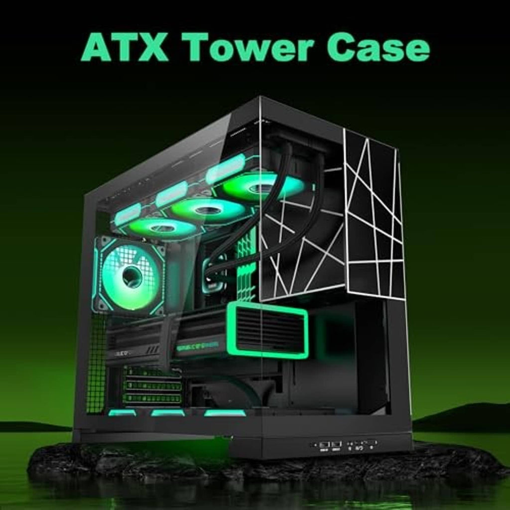 Mid-tower PC case with open mesh side panels and teal RGB-lit fans