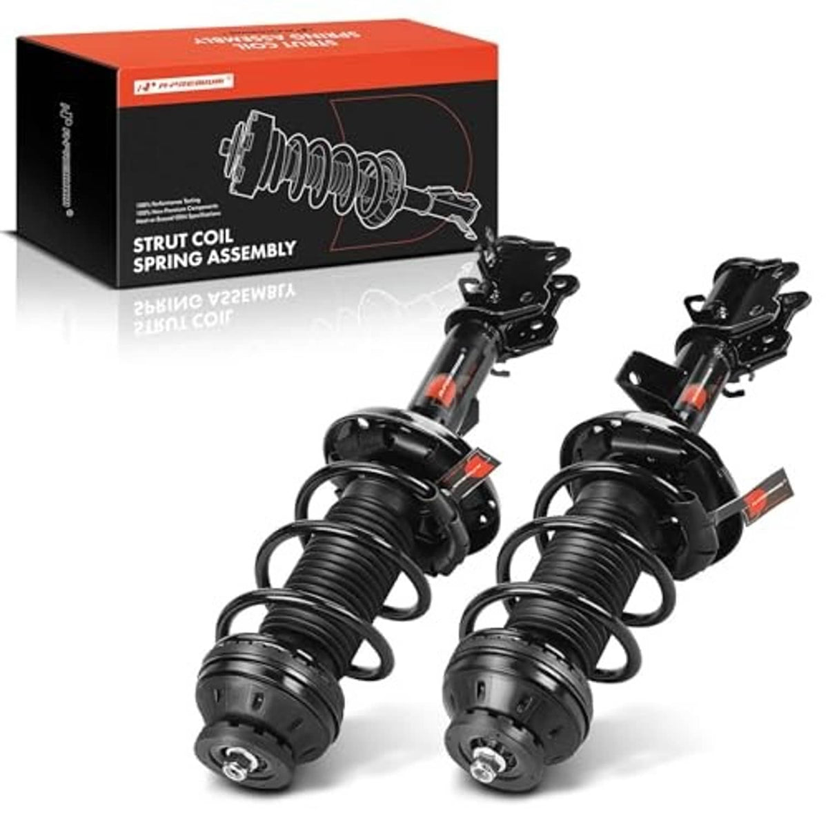Two front strut coil spring assemblies with black springs and red damper accents