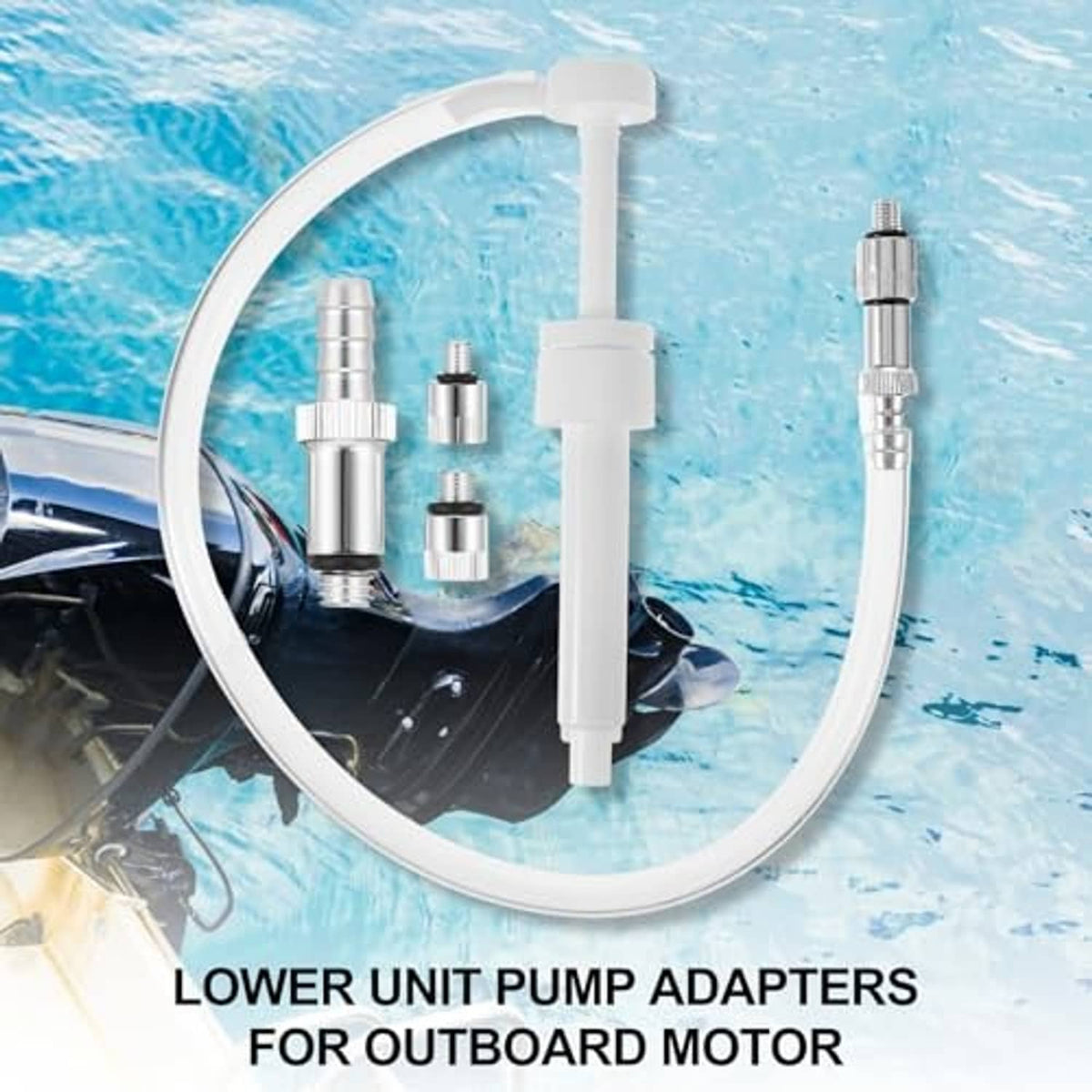 White hose lower unit pump adapter with stainless connectors and threaded fittings