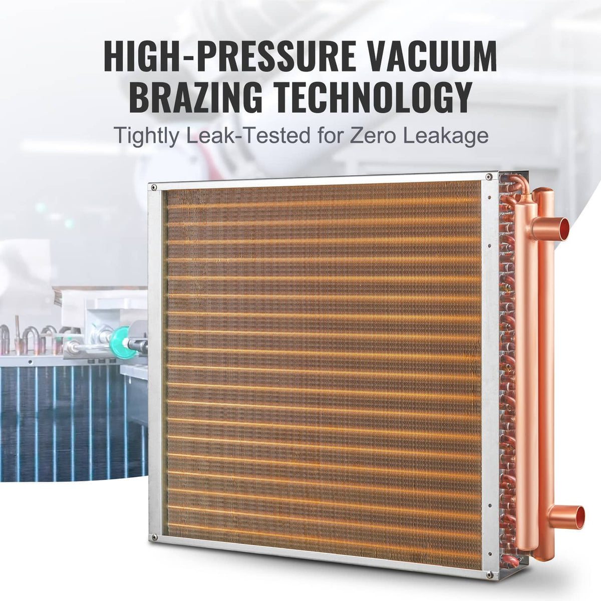 Water-to-air heat exchanger front view with copper tubes and dense fin core in frame
