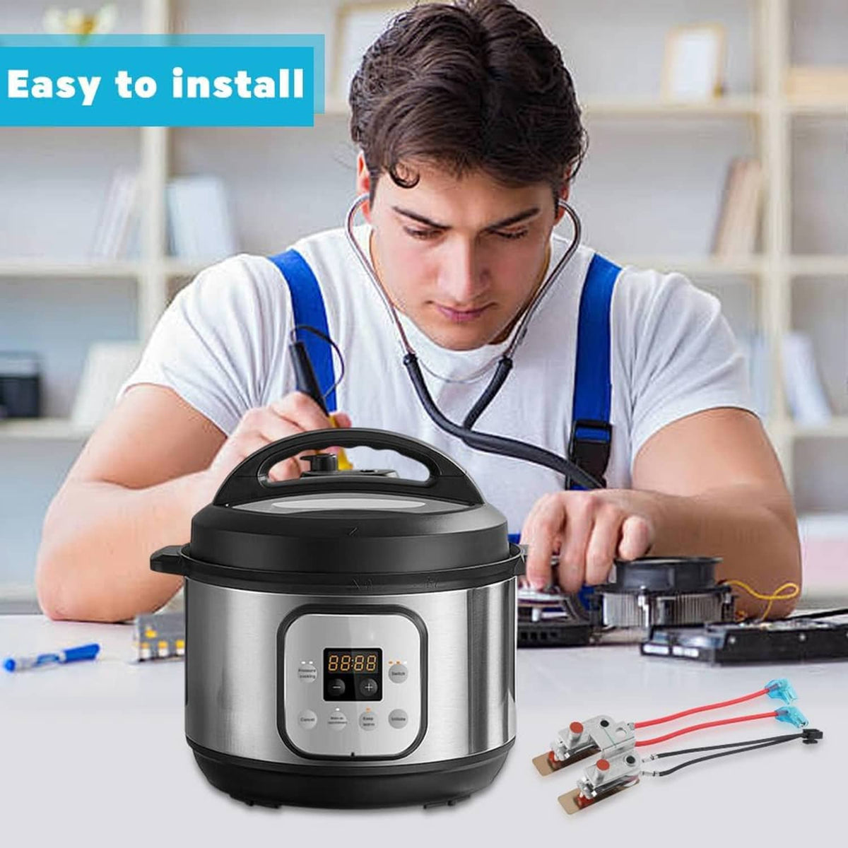 Stainless electric pressure cooker with control panel and included pressure sensor replacement parts